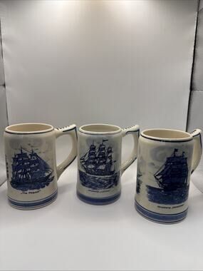 Lot Of 3 Hand Painted Blue Delfts Made In Holland, 1 Pint Steins Of Whale Ships